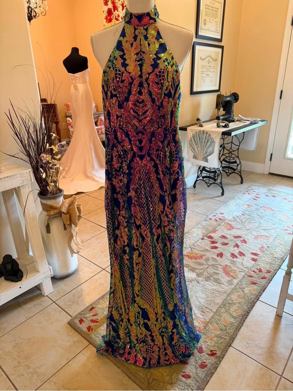 Halter Maxi Dress in Multicolor Sequin Print